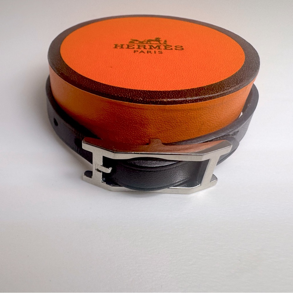 Hermès Hapi Bracelet Black Calfskin Silver H Buckle 9in Japan Exclusive RARE - Picture 2 of 10